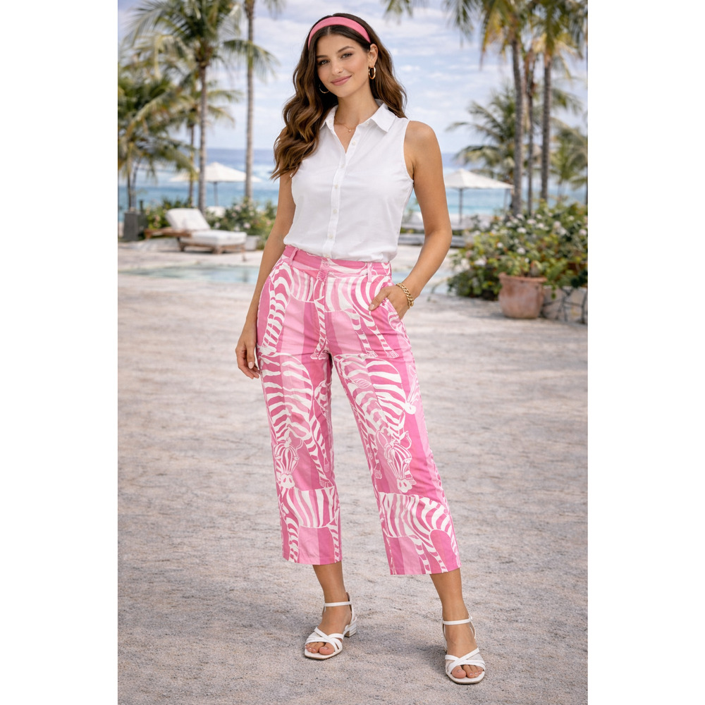 vtg Lilly Pulitzer Pink Zebra Crop Pants Size 0 Preppy Tropical Resort Chic